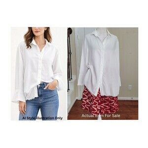 Bella Dahl Frayed Hem White Button-Up Shirt Western Relaxed Long Sleeve Cuff S
